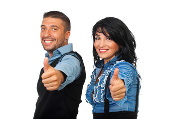 Happy business partners gives thumbs
