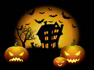 Halloween background with haunted house and pumpkins