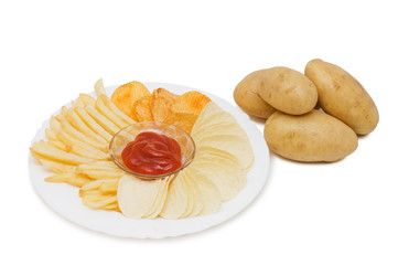 the potato chips with sauce  isolated on white