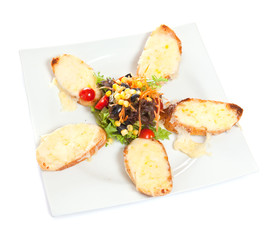 Fresh and colorful salad with cheese bread slices