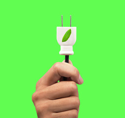 hand holding power plug and leaf logo