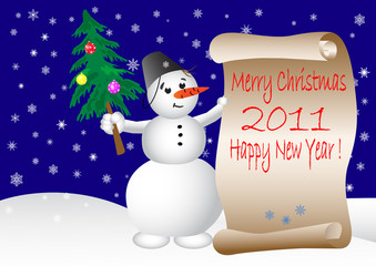 snowman and scroll. vector illustration.