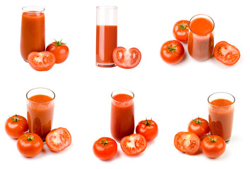 Ripe tomatoes near by glass of tomato juice