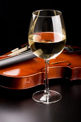 Violin and a glass of wine on the table