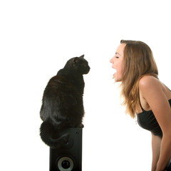 Obraz premium Cat look into the girls mouth