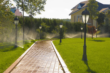 sprinkler of automatic watering in garden - obrazy, fototapety, plakaty