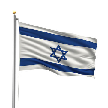 Flag of Israel waving in the wind in front of white background