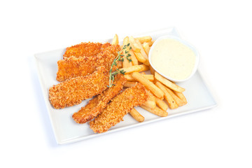 Chicken nuggets with french fries and yogurt sauce