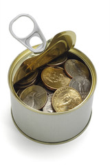 US coins in open tin can