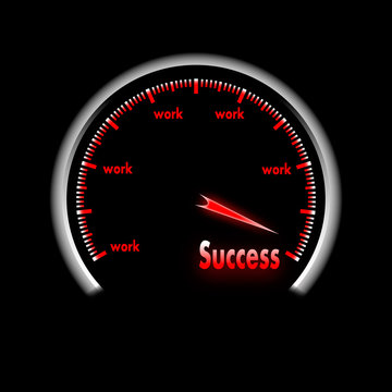 Speedometer needle showing the steps toward success