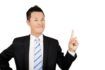 smiling young businessman Pointed to somewhere