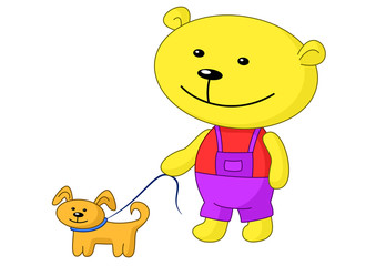 Teddy-bear walks with a dog