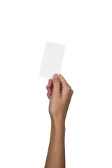 Hand and a card isolated on white