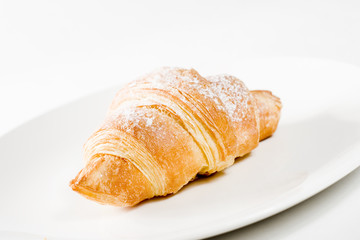 fresh croissant on white plate with powdered sugar