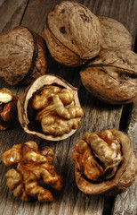 Walnuts on wooden boards