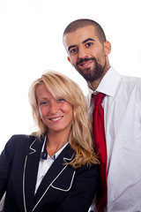 Young Businessman and Businesswoman on White Background