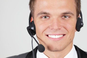 Customer support operator woman smiling isolated
