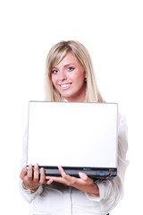 Naklejka premium buisinesswoman holding a laptop isolated on white background