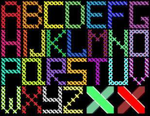 color latin alphabet like cross-stitch pattern