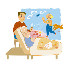 寝たきりのおじいさんと介護する家族