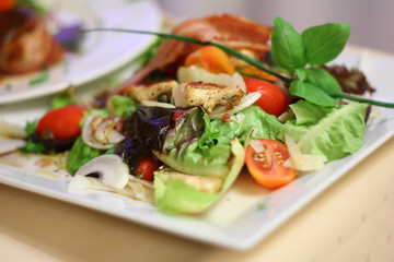 close up of salad with chicken