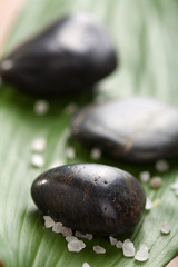 Obraz na płótnie Canvas black spa stones and leaf