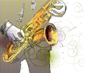 jazzman in a striped suit with a golden saxophone