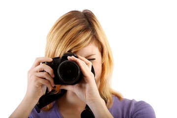 woman with single-lens reflex camera (white background)