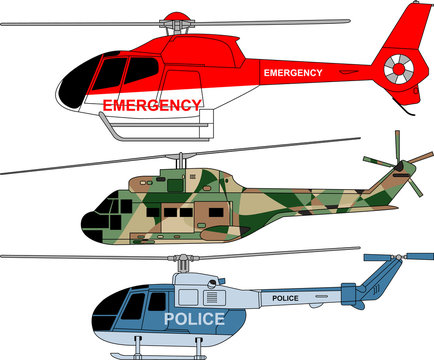 Vector pack of three detailed helicopters with painting art