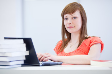 Naklejka premium Pretty young female college student/researcher working on a lapt