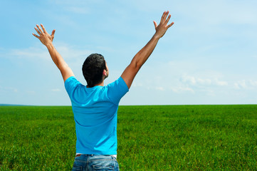 happy man in blue t-shirt