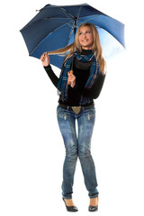 Beautiful playful blonde with blue umbrella