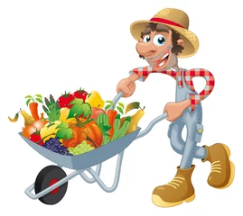 Foto op Aluminium Peasant with wheelbarrow and vegetables. Vector isolated objects © ddraw