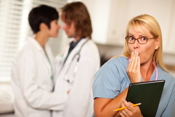 Alarmed Medical Woman Witnesses Colleagues Inner Office Romance