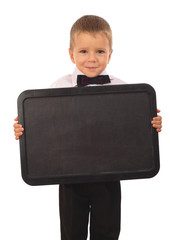 Little boy with empty chalkboard, isolated on white