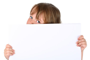 Girl carrying a blank paper with room for text isolated on white