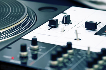 Dj mixer and turntable. Sound mixer and vinyl player for disc jockey. 