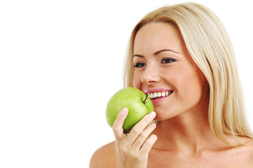 woman eat green apple