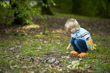 Junge spielt im Wald