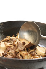 Chinese Cooking, Japanese mushroom and pork stir fried