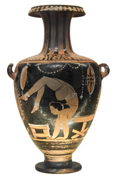 Ancient greek vase depicting a gymnast  isolated on white