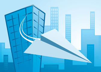 paper plane flying from an office building - vector image