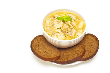 Pelmeni - traditional russian meat dumpling soup isolated