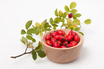 Rose hip branch with leaves in wooden bowl