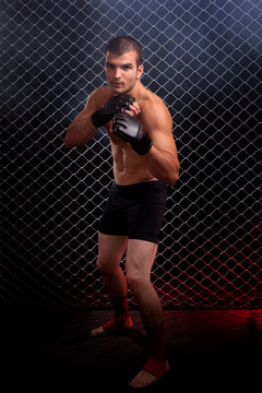 Mixed martial artist posed in front of chain link