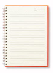 Red cover note book open blank page isolate on white background