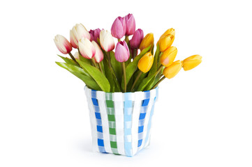 Pot of colorful tulips isolated on white