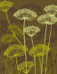 wild flowers silhouette and lizard, outline styled illustration