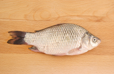 Raw crucian on wooden background