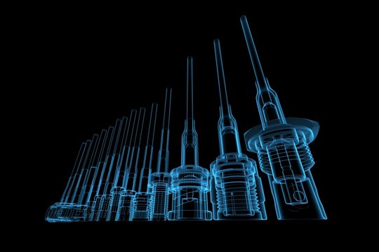 RF Cable connectors 3D rendered blue transparent